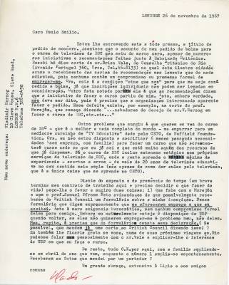 Carta de Vladimir Herzog para Paulo Emílio Salles Gomes, 26 nov. 1967